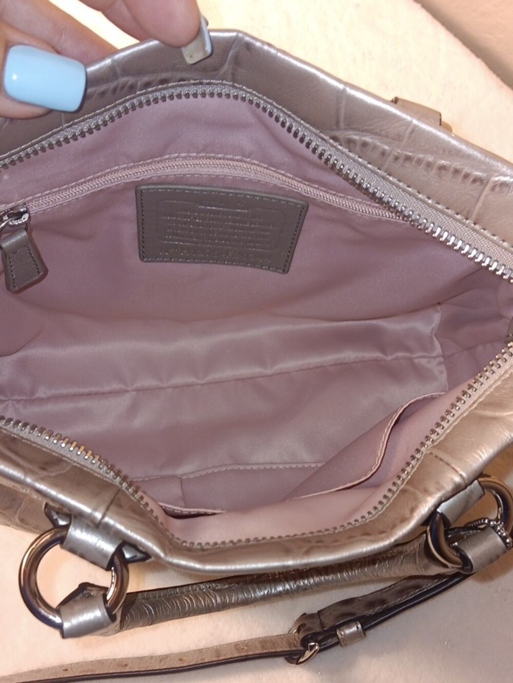 Coach Ashley Metallic Croc-Embossed Mini Tote Bag (F20344) in Silver - Picture 13 of 16